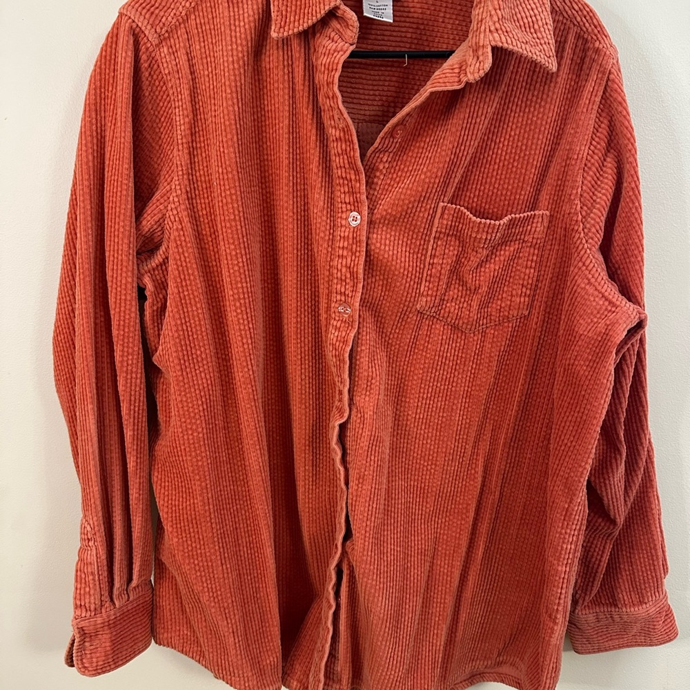 Mainstreet Blues Wide Whale Corduroy Button Up Tunic Shirt Womens LARGE L orange